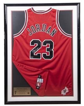 Michael Jordan Signed Chicago Bulls Road Jersey With Mr. June Patch In 32x42 Framed Display -307/323 (UDA)